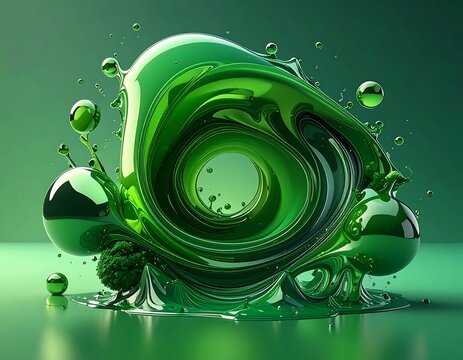 Glossy green abstract with a swirling vortex and scattered spheres - Powered by Adobe