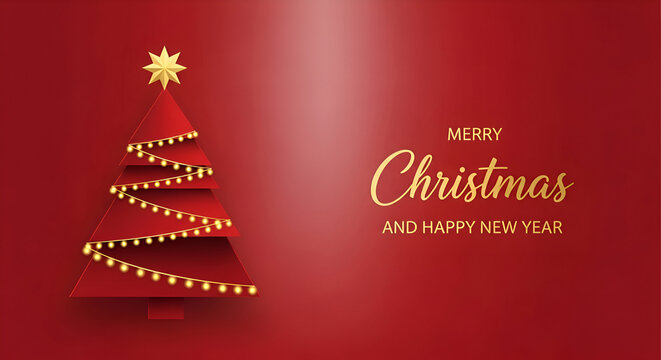 Elegant Merry Christmas and Happy New Year greeting with a modern red geometric Christmas tree and golden accents on a festive red background for joyful holiday wishes.