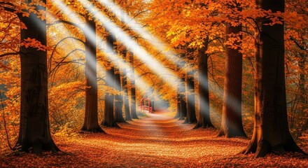 Sunlight beams piercing through a dense canopy of vibrant orange autumn trees illuminating a leafcovered path in a forest