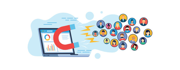 Digital Marketing Magnet Attracting Diverse Avatars from Laptop with Charts and Lightning Bolts