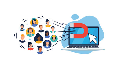Digital Marketing Concept with Magnet Attracting Avatars to Laptop Screen