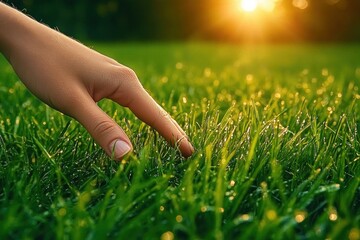 Close-up of a hand gently touching fresh green grass with morning dew under warm sunlight creating a peaceful and calm atmosphere