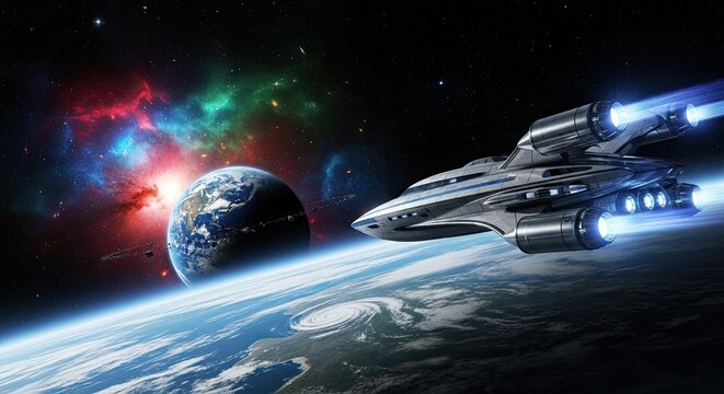 A spaceship flying over a planet with a colorful nebula in the background.