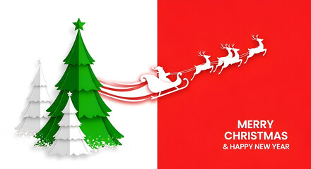 Spread holiday cheer with this festive papercut featuring Santa's reindeer and Christmas trees, perfect for vibrant season's greetings and joyful celebrations.
