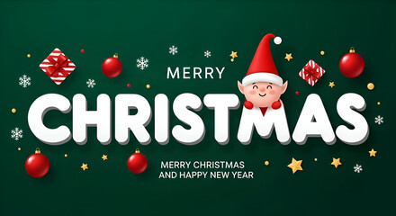 Wishing you a Merry Christmas with festive cheer and holiday spirit, featuring charming elf, ornaments, gifts and snowflakes on a vibrant green backdrop.