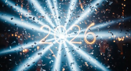 Sparkling 2026 New Year Celebration with Confetti and Light Rays