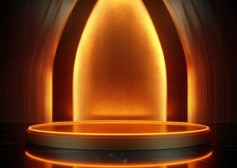 Glowing circular platform with bright orange neon light in front of an arched illuminated golden textured background creating a futuristic and warm atmosphere