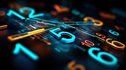 Digital Clock with Glowing Blue and Orange Numbers in Close Up