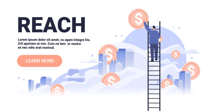 Reach business growth concept businessman climbs ladder towards dollar coins over cityscape background modern web banner