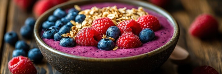 Inviting vibrant purple smoothie bowl topped with fresh raspberries, blueberries and crunchy granola on a rustic wooden table