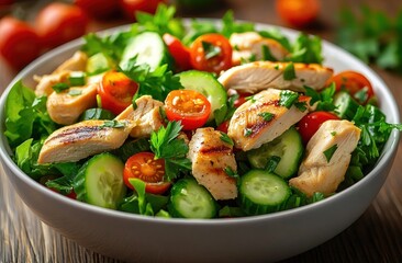 Grilled chicken salad with sliced cucumber, halved cherry tomatoes, fresh lettuce and parsley in a white bowl, bright, fresh and appetizing