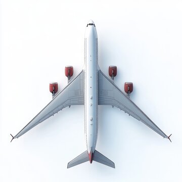 top-down view of a white four-engine commercial airplane with red engine nacelles and tail on a clean white background, conveying precision and calm technical elegance