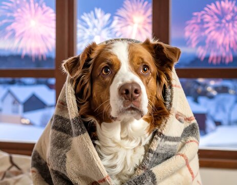 Dog cuddled in blanket, watching fireworks outside window