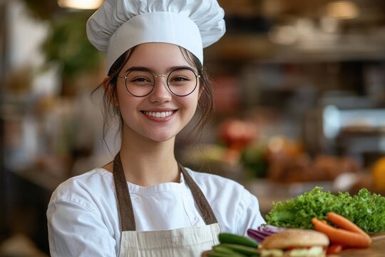 chef in white uniform and hat presenting a fresh hamburger with leafy lettuce, carrots, cucumbers and red onion in a warm bustling kitchen, conveying pride and hospitality