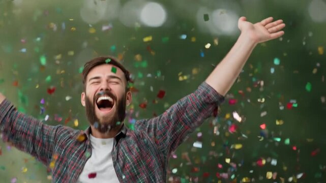 Joyful man celebrating success with confetti in the air, capturing happiness and excitement