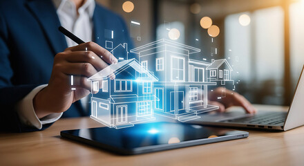 Modern architect designing dream home with innovative technology, visualizing property blueprints on tablet, creating stunning virtual reality experience