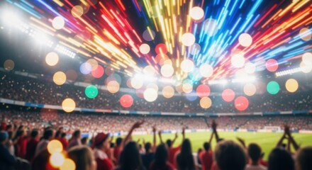 Crowd cheering at a stadium with colorful lights and fireworks in the background during a celebration