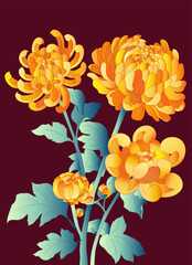 High Contrast Golden Chrysanthemum Vector Art for Festive Packaging and New Year Design
