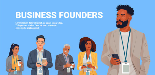 Business founders diverse team professional people standing holding coffee smartphones wearing badges business attire blue background conference concept