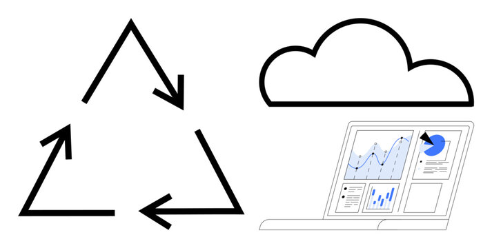 Triangle of recycling arrows, cloud outline, and laptop displaying graphs and charts. Ideal for sustainability, cloud storage, environmental impact, technology, data analysis, green solutions simple