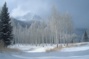snow-covered aspen grove and evergreen trees framing mist-shrouded mountain peaks under a soft blue-gray sky, conveying serene cold peaceful solitude