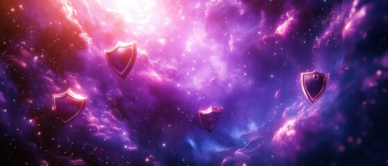 Purple and pink glowing nebula with stars and four floating metallic shield icons, evoking a mysterious, protective, futuristic atmosphere