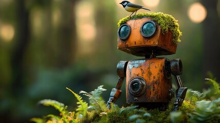 small rusty robot with moss-covered head and round glass eyes sits among ferns in a sunlit forest while a tiny bird perches on its head, evoking gentle curiosity and wonder