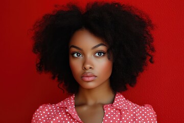 Confident woman with voluminous natural afro wearing pink polka dot blouse against vivid red textured wall