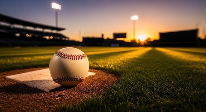 Baseball on a field with a sunset in the background.