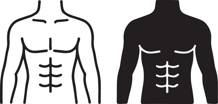 Stylized human male torso icon depicting strong abdominal muscles for fitness, health, and athletic body visuals. outline and solid black versions. isolated on white background, Vector