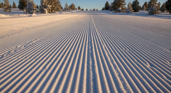 Freshly groomed ski slope with corduroy pattern under a clear blue sky and scattered pine trees