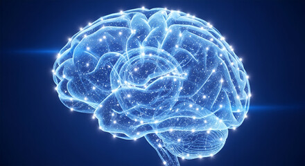 Digital illustration of a human brain with glowing nodes and connections, representing neural networks and intelligence.