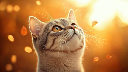 curious tabby cat gazing upward at floating autumn leaves in warm golden sunlight with a serene, wonder-filled expression