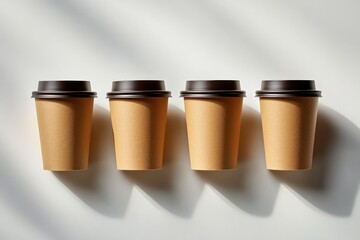Four disposable paper coffee cups with brown lids in a neat row casting soft shadows on a white background, calm minimalist and orderly mood