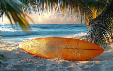 orange surfboard resting on white sandy beach beneath palm fronds with turquoise waves and golden sunset light, peaceful tropical escape