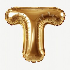 Fototapeta premium shiny gold foil balloon shaped like the letter t against a white background, festive and celebratory mood