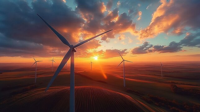 Majestic wind turbines towering over rolling farmland at sunset under dramatic clouds, bathed in warm golden light and evoking a peaceful, hopeful mood