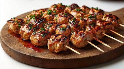 Glazed grilled chicken meatball skewers garnished with chopped green onions on a round wooden board, juicy savory and mouthwatering barbecue appetizer