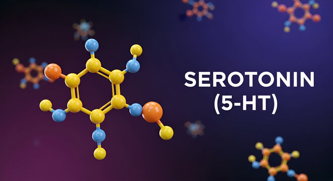 3D rendered illustration of a serotonin molecule, showing its structure and name.