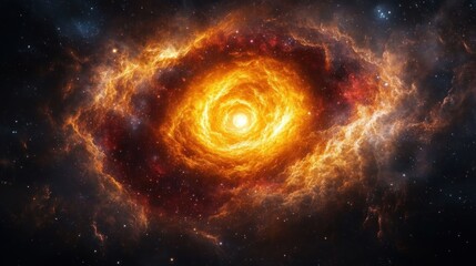 Swirling fiery nebula with a glowing golden core like a cosmic eye, spiral orange and red gas clouds and stars in deep space evoking awe and mystery