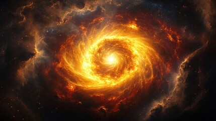 Fiery golden spiral nebula with a blazing central core and swirling gas clouds in a dark starfield, dramatic cosmic energy and awe
