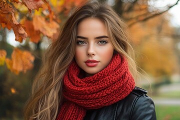 woman with long wavy blonde hair wearing a chunky red knitted scarf and black leather jacket in an autumn park with orange leaves, cozy and contemplative mood