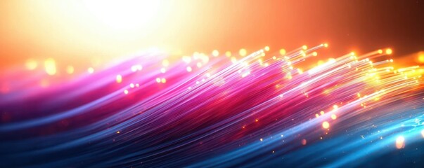 Vibrant flowing strands of glowing light in pink, blue and golden hues streamed like waves with sparkling points, conveying dynamic energy and futuristic motion