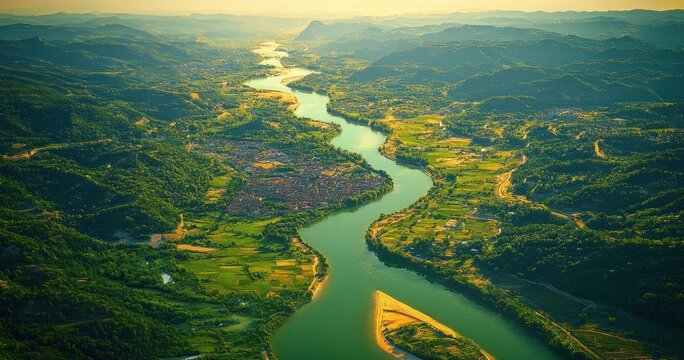 Aerial view of a winding river through a sunlit green valley with villages, farmland and rolling hills, evoking serene golden tranquility