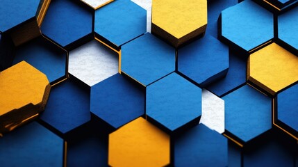 three-dimensional blue, yellow and white hexagonal tiles stacked in a textured honeycomb pattern conveying modern dynamic energy and deep geometric depth