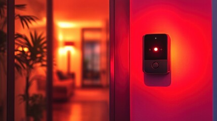 Wall-mounted smart doorbell camera with glowing red indicator beside an open entry, blurred warmly lit living room and indoor plant conveying a tense alert atmosphere