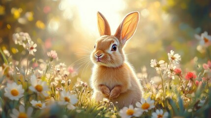 Young brown rabbit sitting in a sunlit wildflower meadow of daisies, looking curious and serene in warm golden light