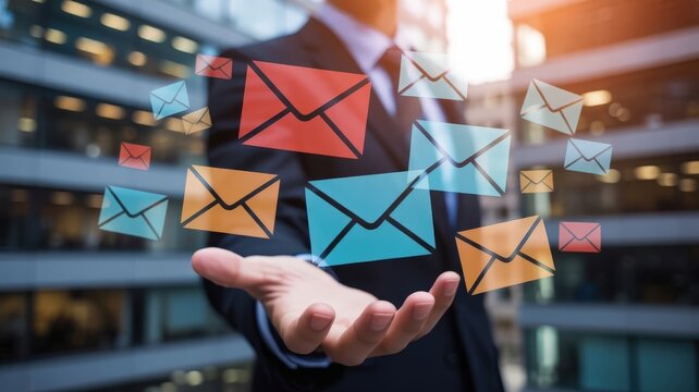 Businessman displays holographic digital correspondence icons emerging from his outstretched hand against a modern city backdrop