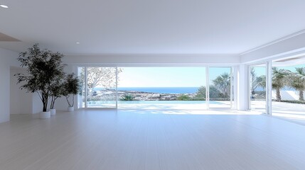 Spacious, minimalist interior with large glass windows overlooking a blue ocean, infinity pool, and palm trees. Bright, sunny day.