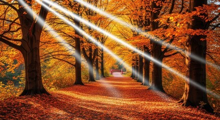 Sunlight streaming through the canopy of tall trees lining an avenue covered in vibrant orange and red fallen autumn leaves, creating a magical, sundappled path